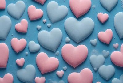 The primary subject of the image is a collection of pink and blue hearts arranged on a blue background. The hearts are made of a soft, pink and blue material, giving the scene a playful and whimsical appearance. The visual style of the image is a close-up of the hearts, showcasing their unique texture and colors. The overall atmosphere of the image is cheerful and lighthearted, with the hearts symbolizing love and affection.
