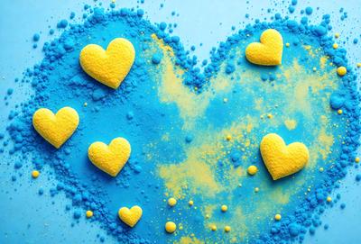 The primary subject of the image is a heart-shaped design made of yellow hearts. The hearts are scattered across a blue background, creating a visually appealing and colorful pattern. The setting appears to be a table or a similar surface, and the visual style is a combination of digital art and illustration. The dominant colors are yellow and blue, creating a warm and cheerful atmosphere.