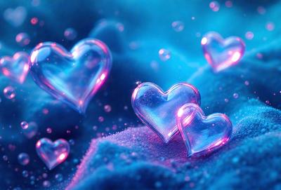 The primary subject of the image is a group of three heart-shaped objects, which are floating in a blue, pink, and purple background. The hearts are made of glass and have a shiny, reflective appearance. The setting is a blue and purple sky, creating a vibrant and colorful atmosphere. The visual style is a combination of digital art and illustration, as the hearts are depicted in a realistic manner while also having a whimsical, artistic quality. The colors and mood of