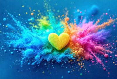 The primary subject of the image is a heart-shaped object, which is placed on a blue background. The heart is made of two different colors, creating a visually appealing contrast. The setting appears to be a creative and artistic environment, possibly a digital art or illustration. The colors and mood of the image are vibrant and lively, with the blue background providing a calm and soothing atmosphere.