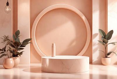 The primary subject of the image is a white marble table with a bottle of lotion on it. The setting is a room with a pink wall, and the visual style is a photo. The colors and mood of the image are predominantly white and pink, creating a clean and elegant atmosphere.