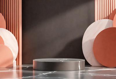 The primary subject of the image is a large, round, white marble table. The table is placed on a black marble surface, which adds a contrasting element to the scene. The setting appears to be a room with a wall, and the visual style is a combination of photo and digital art. The colors in the image are predominantly black and white, giving the scene a modern and minimalist appearance.