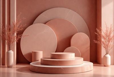 The primary subject of the image is a large, round, pink marble table. The table is placed in a room with a pink wall, and it is surrounded by several round objects, including a stack of round objects and a circle-shaped sculpture. The setting appears to be a modern, minimalist space with a focus on the artistic and aesthetic qualities of the marble table and its accompanying objects. The visual style of the image is a combination of photo and digital art, creating a unique