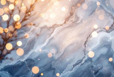 The primary subject of the image is a marble-like surface with a pattern of light and dark streaks. The setting is a blue and white background, which adds to the overall visual style. The image is a digital art piece, showcasing the artist's creativity and attention to detail. The colors and mood of the image are predominantly blue and white, giving it a calm and serene atmosphere.