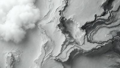 The image features a white, textured surface with a cloudy sky in the background. The primary subject is a large, intricate pattern that resembles a mountain or a wave. The visual style appears to be a combination of photo and digital art, creating a unique and captivating scene. The colors and mood of the image are predominantly white, giving it a clean and serene atmosphere.