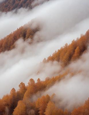 The primary subject of the image is a mountain covered in trees, with a foggy atmosphere surrounding the area. The setting is a mountainous region with a dense forest of trees. The visual style is a photo of the mountain and trees, capturing the natural beauty of the landscape. The colors and mood of the image are dominated by the warm hues of the fog and the vibrant colors of the trees, creating a serene and peaceful atmosphere.