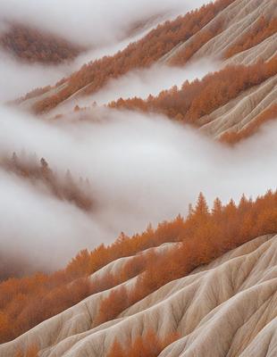 The primary subject of the image is a mountain with a foggy, orange-colored landscape. The setting is a mountainous area with a dense forest of trees. The visual style is a photo, capturing the natural beauty of the scene. The dominant colors are orange and brown, creating a warm and serene atmosphere.