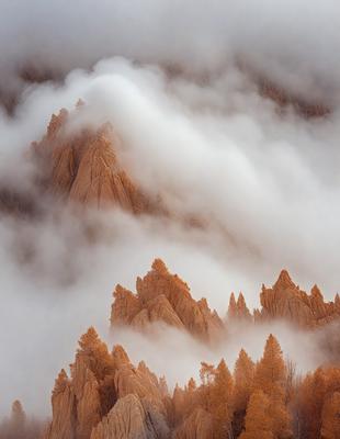 The primary subject of the image is a mountain with a cloudy sky above it. The mountain is covered in orange rock formations, giving it a unique and striking appearance. The setting is a mountainous landscape with a dense fog surrounding the mountain, adding to the overall atmosphere of the scene. The visual style of the image is a combination of photo and digital art, creating a captivating and artistic representation of the mountain and its surroundings. The colors and mood of the image are predominantly orange and moody, with