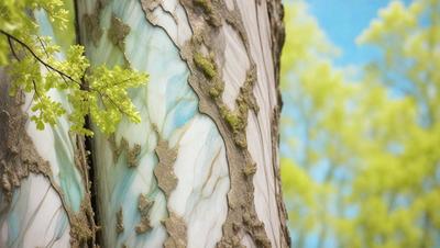 The primary subject of the image is a tree with a blue and white marbled bark. The tree is located in a forest setting, surrounded by green trees. The visual style of the image is a combination of photo and digital art, creating a unique and artistic representation of the tree. The dominant colors in the image are blue and white, which are prevalent in the marbled bark of the tree. The overall atmosphere of the image is serene and natural, showcasing the beauty of the forest and the tree's