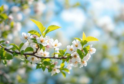 The primary subject of the image is a tree filled with white flowers. The tree is located in a bright, sunny environment, with a blue sky visible in the background. The visual style of the image is a photo, capturing the beauty of the tree and its flowers. The colors and mood of the image are predominantly white and bright, creating a serene and peaceful atmosphere.
