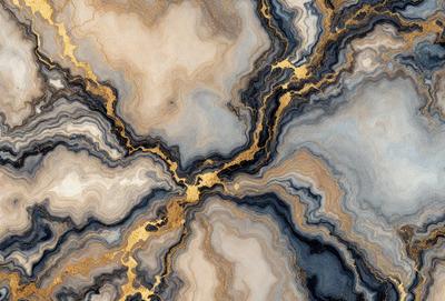 The primary subject of the image is a marble-like stone with a gold-like pattern. The setting is a stone wall, and the visual style appears to be a combination of a photo and digital art. The colors and mood of the image are predominantly blue and gold, creating a sense of elegance and sophistication.