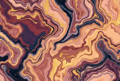 The primary subject of the image is a close-up of a marbled stone, featuring a mix of red, gold, and black colors. The setting is a natural environment, with the stone being the main focus of the scene. The visual style is a close-up of the stone, showcasing its unique texture and patterns. The colors and mood of the image are warm and earthy, with the red and gold hues evoking a sense of natural beauty.
