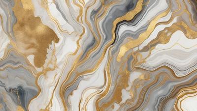 The primary subject of the image is a marble-like pattern with gold accents. The setting is a marble countertop, and the visual style is a combination of photo and digital art. The dominant colors are gold and white, creating a luxurious and elegant atmosphere.