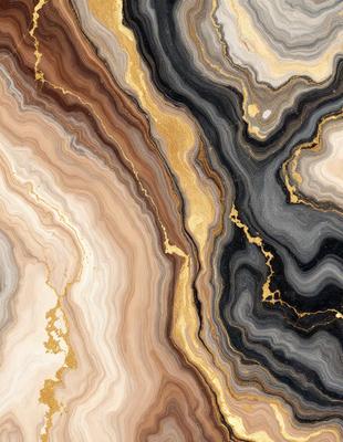 The primary subject of the image is a close-up of a marble surface with a gold and black pattern. The setting is a rocky surface, possibly a wall or a countertop. The visual style is a combination of a photo and digital art, creating a unique and intricate design. The dominant colors are gold and black, giving the image a luxurious and elegant appearance.
