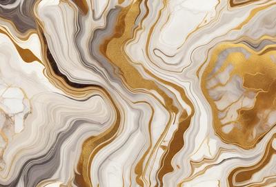 The primary subject of the image is a marble-like patterned wallpaper with gold accents. The setting is a room with a marble-like patterned wallpaper on the wall. The visual style is a close-up of the wallpaper, showcasing its intricate design. The colors and mood of the image are warm and elegant, with the gold accents adding a touch of luxury.