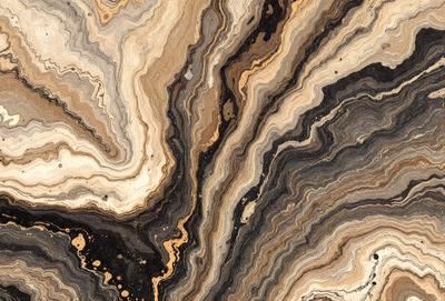 The primary subject of the image is a close-up of a marble stone with a unique and intricate pattern. The setting is a natural environment, possibly a rock formation or a stone surface. The visual style is a close-up of the marble stone, showcasing its texture and details. The colors and mood of the image are predominantly dark, with the marble stone being the main focus.