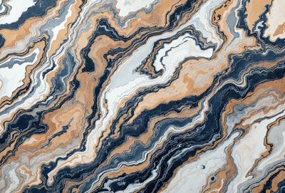 The primary subject of the image is a marble-like pattern with a mix of black, white, and orange colors. The setting is a marble-like surface, which could be a wall or a countertop. The visual style appears to be a combination of a photo and a digital art or illustration, creating a unique and intricate design. The colors and mood of the image are rich and vibrant, with the black, white, and orange colors creating a striking contrast and a sense of depth in the pattern.