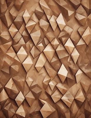 The primary subject of the image is a wall with a pattern of triangles. The setting is a room with a wooden surface, and the visual style appears to be a combination of a photo and digital art. The dominant colors are brown and tan, creating a warm and earthy atmosphere.