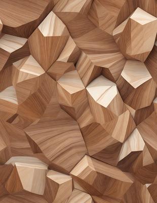 The primary subject of the image is a wooden wall with a unique and intricate design. The setting is a room with a wooden floor, and the visual style appears to be a combination of a photo and digital art. The colors and mood of the image are predominantly brown and earthy, creating a warm and natural atmosphere.