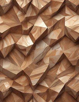 The primary subject of the image is a large, intricate, and textured wall made of wood. The setting is a room with a wooden floor, and the visual style is a close-up of the wooden wall. The colors and mood of the image are warm and earthy, with the wooden texture creating a sense of depth and complexity.