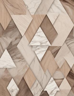 The primary subject of the image is a patterned marble wall, featuring a combination of white and brown marble. The setting is a room with a marble floor, and the visual style is a close-up of the marble wall. The colors and mood of the image are predominantly neutral, with a touch of warmth from the brown marble.