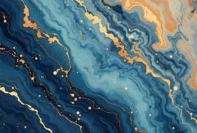 The primary subject of the image is a blue and gold painting, featuring a blue background with gold accents. The setting is a painting, and the visual style is a mix of digital art and illustration. The dominant colors are blue and gold, creating a serene and calming atmosphere.