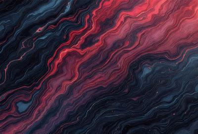 The primary subject of the image is a close-up of a red and black striped pattern. The setting is a dark background, which contrasts with the vibrant colors of the pattern. The visual style appears to be a digital art or illustration, as the colors and patterns are intricately detailed. The dominant colors are red and black, creating a bold and striking appearance.