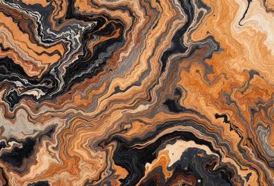 The image features a close-up of a marbled stone surface with a mix of black, orange, and brown colors. The marbled pattern creates a visually interesting and unique texture. The setting appears to be a natural environment, possibly a rock formation or a stone wall. The visual style of the image is a close-up of the marbled surface, emphasizing the intricate patterns and colors. The overall atmosphere of the image is one of natural beauty and artistic expression.