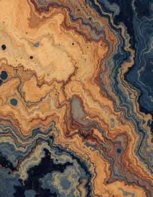 The primary subject of the image is a close-up of a marbled surface, which appears to be a piece of art or a decorative item. The setting is a room with a blue wall, and the visual style is a combination of a photo and a digital artwork. The colors and mood of the image are predominantly orange and yellow, creating a warm and vibrant atmosphere.