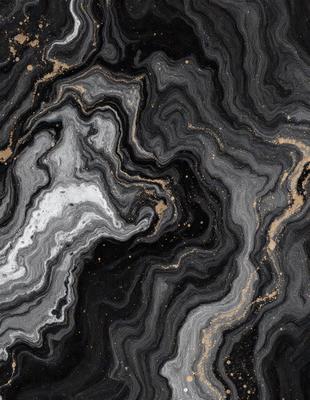The primary subject of the image is a close-up of a rock formation, possibly a piece of marble, with a gold-like pattern on it. The setting is a black and white background, which adds to the visual style. The colors and mood of the image are predominantly black and white, giving it a classic and timeless appearance.