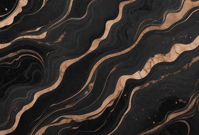 The primary subject of the image is a close-up of a marble countertop with a black and brown color scheme. The setting is a kitchen, and the visual style is a photo. The countertop has a patterned design, giving it a unique and elegant appearance. The colors and mood of the image are dark and sophisticated, creating a sense of luxury and refinement.