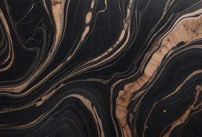 The primary subject of the image is a close-up of a wooden table with a black and brown marbled pattern. The setting is a room with a wooden floor, and the visual style appears to be a photo of the table. The colors and mood of the image are dark and moody, with the black and brown marbled pattern creating a striking contrast against the wooden surface.