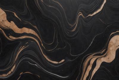 The primary subject of the image is a black and brown marble countertop. The setting is a kitchen, with the countertop being the main focus of the scene. The visual style is a close-up of the marble countertop, showcasing its intricate patterns and textures. The colors and mood of the image are predominantly dark, with the black and brown marble creating a sophisticated and elegant atmosphere.