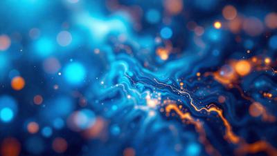 The primary subject of the image is a blue and orange swirling pattern, which appears to be a digital art or illustration. The setting is a blue background, and the visual style is a combination of digital art and illustration. The dominant colors are blue and orange, creating a vibrant and energetic atmosphere.
