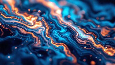 The primary subject of the image is a blue and orange swirling pattern, which appears to be a digital art or illustration. The setting is a dark blue background, and the visual style is a combination of digital art and illustration. The dominant colors are blue and orange, creating a vibrant and dynamic atmosphere.