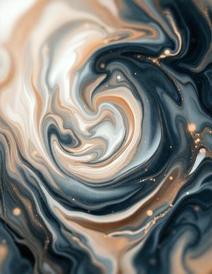 The primary subject of the image is a swirling, spiraling pattern of gold and black colors. The setting is a black and white background, which contrasts with the gold and black colors of the swirl. The visual style is a combination of digital art and illustration, creating a unique and eye-catching design. The colors and mood of the image are predominantly dark and moody, with the gold and black colors adding a touch of elegance and sophistication.