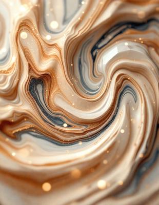 The primary subject of the image is a close-up of a marbled pattern, which appears to be a swirling, flowing design. The setting is a white background, which contrasts with the marbled pattern. The visual style is a combination of a photo and digital art, as the marbled pattern is created using a digital art technique. The colors and mood of the image are predominantly brown and gold, giving it a warm and earthy feel.