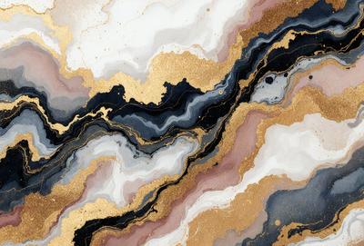 The primary subject of the image is a painting featuring a marbled design with gold and black accents. The setting is a white and gold background, which complements the artwork. The visual style is a painting, showcasing the artist's skill in creating a visually appealing and intricate design. The colors and mood of the painting are predominantly gold and black, giving it a luxurious and elegant appearance.
