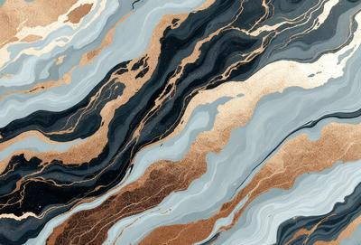The primary subject of the image is a marbled pattern, featuring a mix of black, gold, and gray colors. The setting is a wall, and the visual style appears to be a combination of a photo and digital art. The dominant colors and overall atmosphere suggest a luxurious and elegant design.