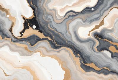 The primary subject of the image is a close-up of a marbled stone wall. The setting is a natural environment, with the wall being the main focus of the scene. The visual style is a combination of photo and digital art, creating a unique and intricate pattern. The dominant colors in the image are shades of brown, black, and white, giving the wall a natural and earthy appearance. The overall atmosphere of the image is one of beauty and complexity, showcasing the intricate patterns and textures of the marbled