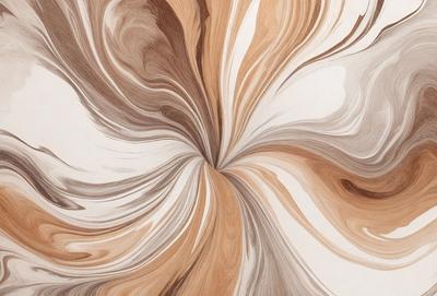 The primary subject of the image is a painting or drawing of a swirling, curved design, possibly resembling a flower or a spiral. The setting is a white background, which contrasts with the artwork. The visual style appears to be a combination of digital art and traditional drawing, as it features a blend of organic and geometric elements. The colors and mood of the image are predominantly warm and earthy tones, creating a sense of depth and complexity in the artwork.
