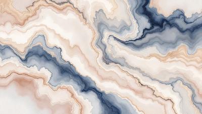 The primary subject of the image is a blue and white marbled pattern. The setting is a white and blue marbled surface, which serves as the background. The visual style is a painting, with a focus on the intricate marbled pattern. The colors and mood of the image are predominantly blue and white, creating a calm and serene atmosphere.