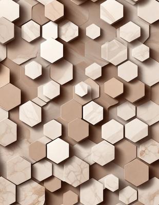 The primary subject of the image is a marble wall with a pattern of hexagonal shapes. The setting is a room with a marble floor, and the visual style is a close-up of the marble wall. The colors and mood of the image are predominantly neutral, with the marble providing a warm and natural tone.