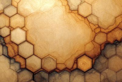 The primary subject of the image is a large, brown, wooden surface with a pattern of hexagons. The setting is a room with a wooden floor, and the visual style is a combination of a photo and digital art. The colors and mood of the image are warm and earthy, with a sense of texture and depth.