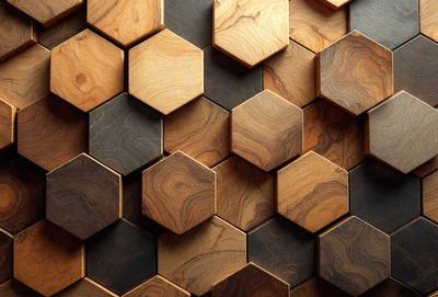 The primary subject of the image is a wooden wall with a pattern of hexagonal shapes. The setting is a room with a black background, and the visual style appears to be a combination of a photo and a digital art or illustration. The dominant colors are brown and black, creating a warm and sophisticated atmosphere.