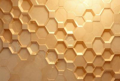 The primary subject of the image is a wall with a pattern of hexagonal shapes. The setting is a room with a yellowish hue, giving the space a warm and inviting atmosphere. The visual style is a combination of a photo and digital art, creating a unique and intricate pattern on the wall. The dominant colors are yellow and beige, which contribute to the overall mood of the room.