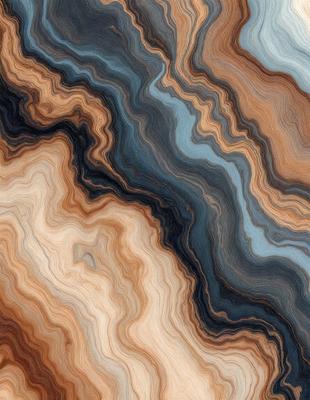 The primary subject of the image is a close-up of a rock formation, showcasing its intricate and colorful patterns. The setting is a natural environment, with the rock formation being the main focus of the scene. The visual style of the image is a combination of photo and digital art, as it captures the beauty of the rock formation in a detailed and artistic manner. The dominant colors in the image are shades of brown, blue, and orange, creating a warm and earthy atmosphere.