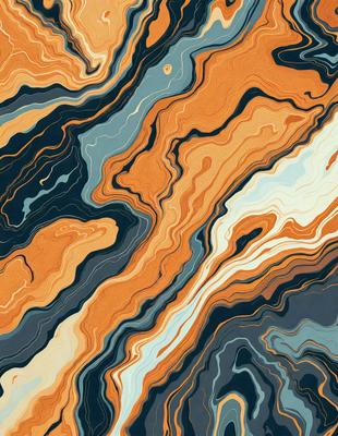 The primary subject of the image is a colorful, abstract design featuring a mix of blue, orange, and yellow hues. The setting is a wall with a patterned surface, which adds to the visual style of the image. The design appears to be a combination of a painting and a digital art piece, creating a unique and vibrant atmosphere.
