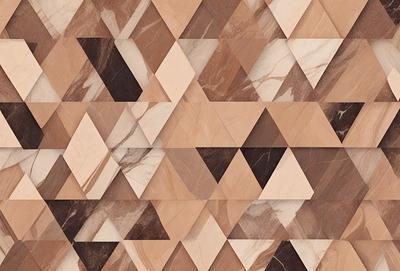 The primary subject of the image is a patterned marble wall, featuring a unique design with triangles and diamond shapes. The setting is a room with a marble floor, and the visual style is a combination of digital art and illustration. The dominant colors are brown and beige, creating a warm and earthy atmosphere.