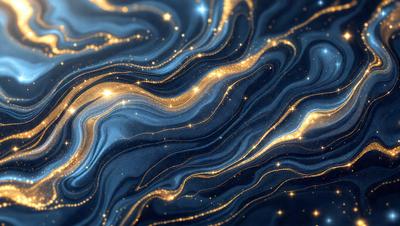 The primary subject of the image is a blue and gold swirling pattern, which appears to be a digital art or illustration. The setting is a dark blue background, and the visual style is a combination of digital art and illustration. The dominant colors are blue and gold, creating a sense of depth and richness in the image.